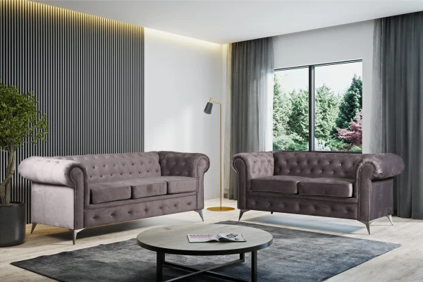 ENSEMBLE CANAPE CLOUTE TIFFANY 3 PLACES + 2 PLACES VELOURS GRIS | MULTI-AFFAIRES