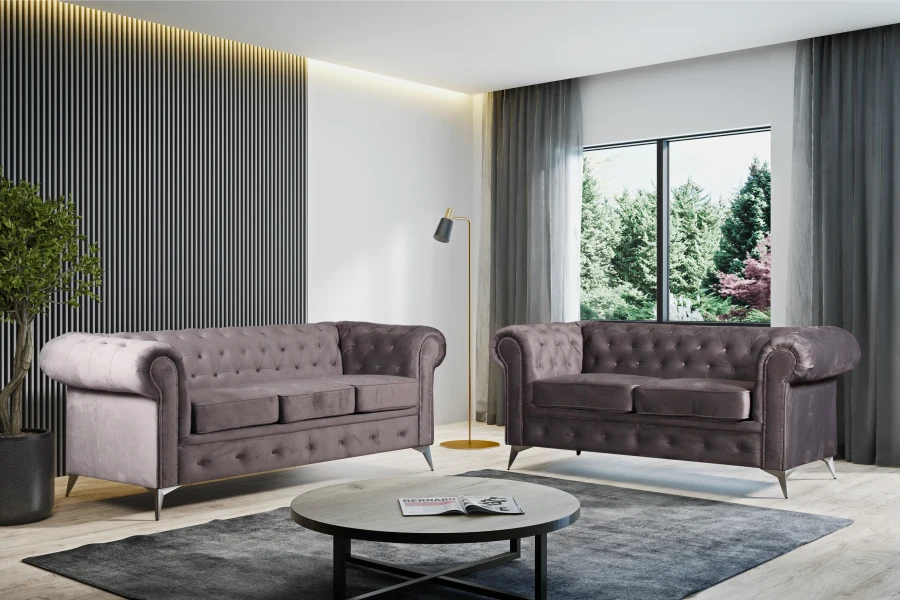 ENSEMBLE CANAPE CLOUTE TIFFANY 3 PLACES + 2 PLACES VELOURS GRIS | MULTI-AFFAIRES
