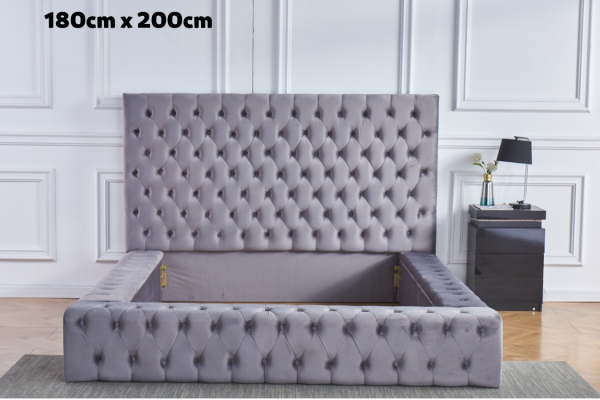 LIT ROYAL CAPITONNE VELOURS GRIS 180x200 cm | MULTI-AFFAIRES