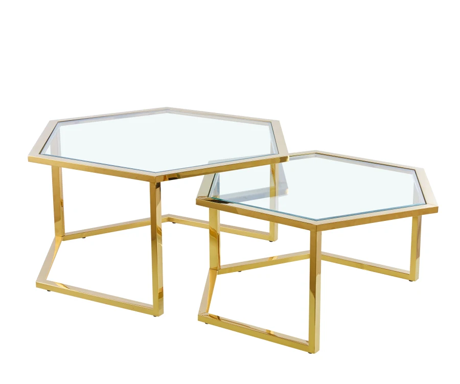 TABLE BASSE GIGOGNE HEXAGONA GOLD TRANSPARENT 79x40.50 + 59x35./ref:5 | MULTI-AFFAIRES