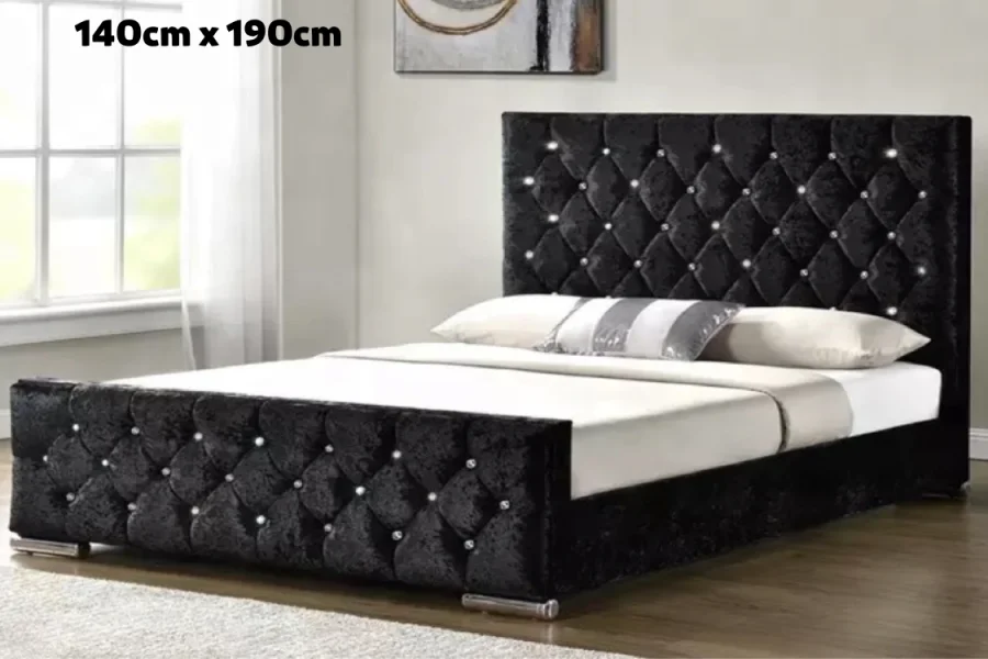 LIT PRESTIGE CAPITONNE AVEC DIAMANT VELOURS NOIR 140x190 cm | Eurostore