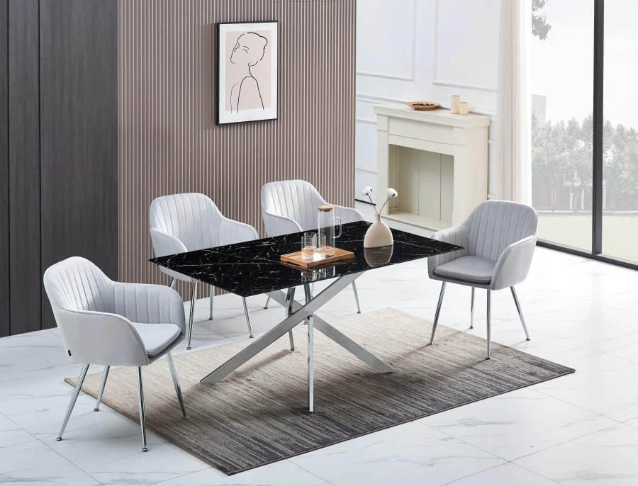 TABLE RECTANGULAIRE NEW JESSICA CHROME MARBRE NOIR 180X90 | Eurostore