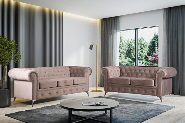 ENSEMBLE CANAPE CLOUTE TIFFANY 3 PLACES + 2 PLACES VELOURS BEIG | MULTI-AFFAIRES