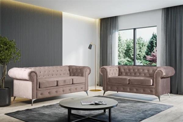 ENSEMBLE CANAPE CLOUTE TIFFANY 3 PLACES + 2 PLACES VELOURS BEIG | MULTI-AFFAIRES