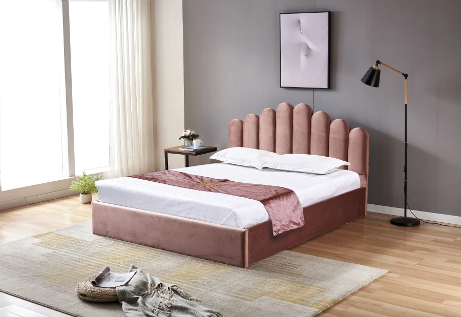 LIT DOHA VELOURS ROSE AVEC COFFRE 160x200 cm | MULTI-AFFAIRES