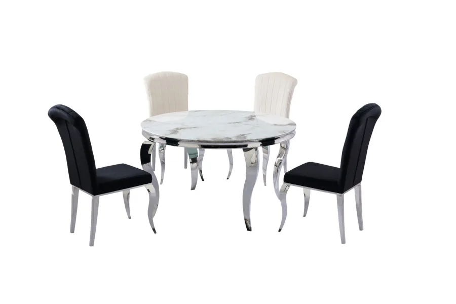 TABLE BAROQUE ROND MARBRE BLANC ARGENT 1M30 | MULTI-AFFAIRES